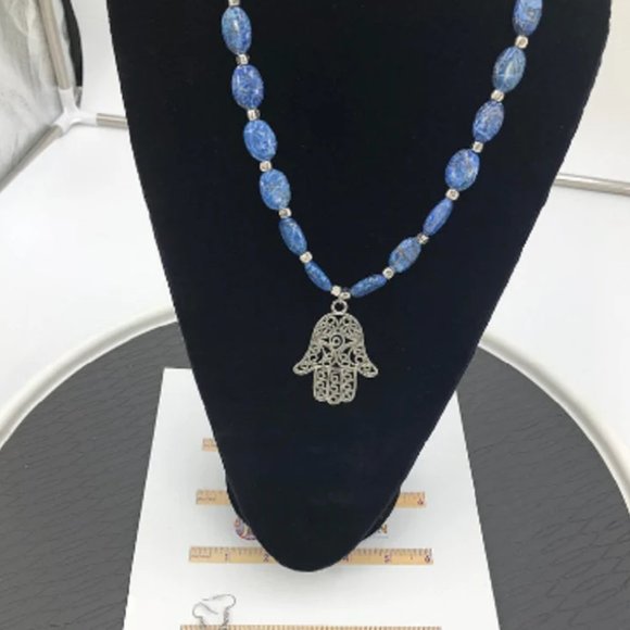 Blue Hand Design Pendant Necklace and Earrings Set - Picture 2 of 5
